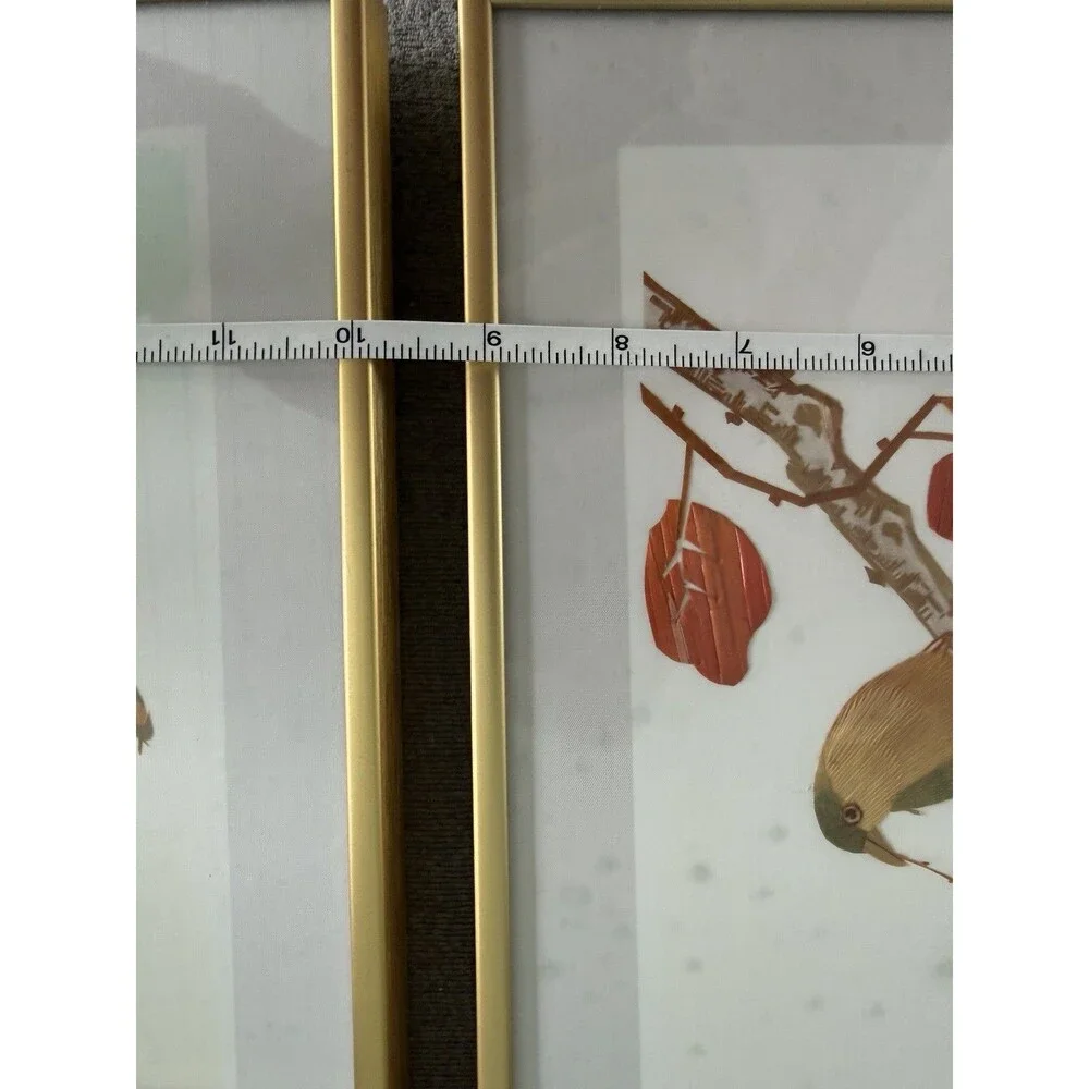 Vintage Asian Framed Artwork Birds Made From Bamboo Straw - Set Of 3